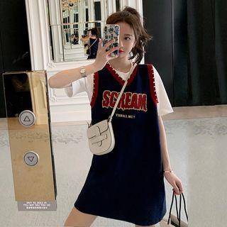 Short-sleeve Plain T-shirt / Contrast Trim Lettering Tank Dress / Set
