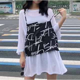 Set: Plain 3/4 Sleeve T-shirt Dress + Lettering Camisole Top