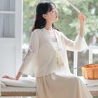 3/4-sleeve Embroidered Chiffon Light Jacket / Spaghetti Strap A-line Midi Dress