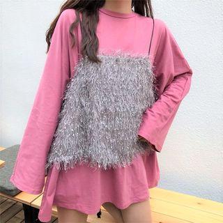 Set: Long-sleeve Oversized T-shirt + Spaghetti-strap Furry Top