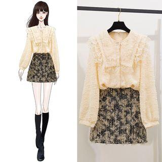 Lace Blouse / Fringed Trim Mini Straight-fit Skirt / Set