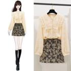 Lace Blouse / Fringed Trim Mini Straight-fit Skirt / Set