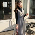 Set: Mock-neck Knit Top + Pleated Jumper Dress Black - One Size