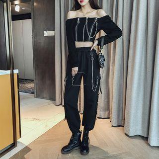 Off-shoulder Zip Crop Top / Cargo Pants / Set