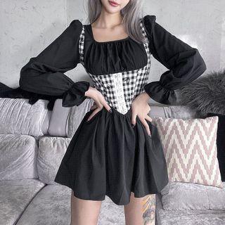 Long Sleeve Check Print Corset A-line Dress