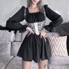 Long Sleeve Check Print Corset A-line Dress
