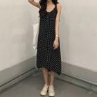 Spaghetti Strap Dotted Dress Strap Dress - White Dots - Black - One Size