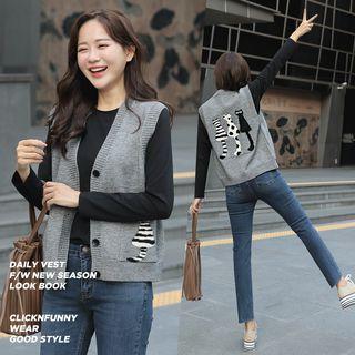 V-neck Cat-printed Knit Vest