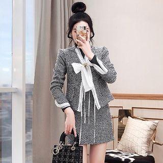 Set: Bow Striped Blazer + A-line Skirt