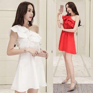 Asymmetric Off-shoulder Ruffle A-line Dress
