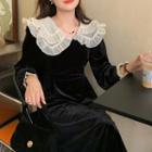 Long-sleeve Frill Trim Collar Midi A-line Velvet Dress Black - One Size
