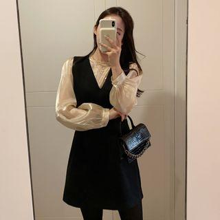 V-neck Mini Dress / Sheer Blouse