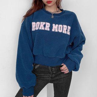 Letter Applique Faux Shearling Pullover