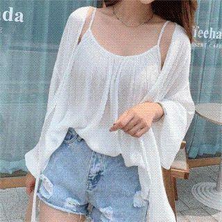 Set: Chiffon Cardigan + Shirred Camisole Top