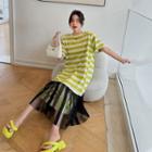 Elbow-sleeve Mesh Hem Striped Maxi T-shirt Dress