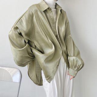 Puff Long Sleeve Plain Oversized Shirt Green - One Size