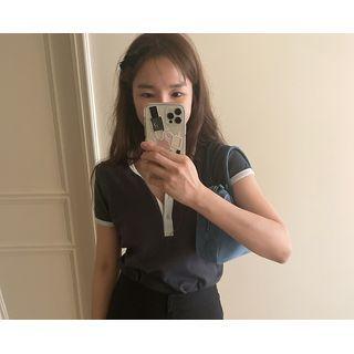 [dearest] Ringer U-neck Henley Charcoal Gray - One Size
