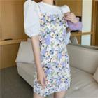 Puff-shoulder Plain Top / Floral Print Dress
