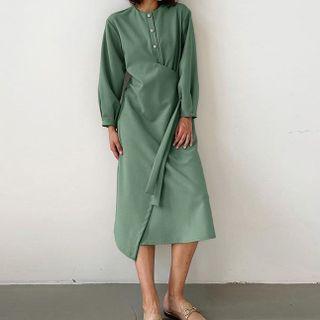 Long Sleeve Button-up Tie-waist Midi Dress