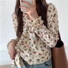 Floral V-neck Long-sleeve Blouse Off-white - One Size