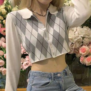 Button-up Argyle Knit Top