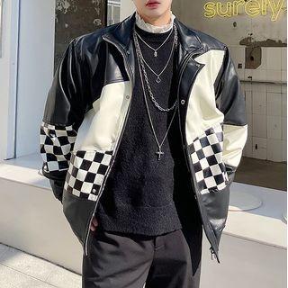 Checker Print Panel Faux Leather Zip Jacket