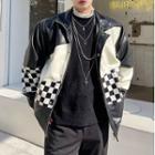 Checker Print Panel Faux Leather Zip Jacket