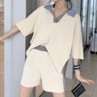 3/4-sleeve Color Block Knit Top / Wide-leg Shorts