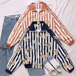 Bear Print Striped Zip-up Jacket