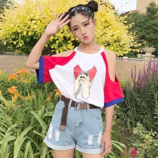 Panel Open Shoulder Short-sleeve T-shirt