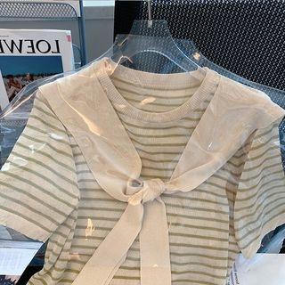 Elbow-sleeve Mock Two-piece Striped Knit Top