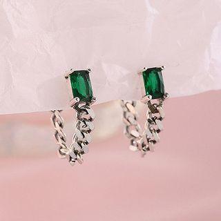 Rhinestone Fringed Alloy Earring 1pc - Silver & Green - One Size