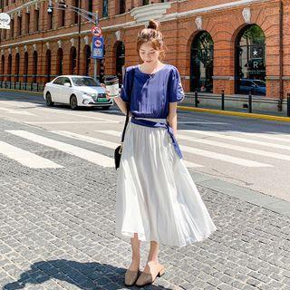 Mock Two-piece Short-sleeve Tie-waist Midi A-line Dress