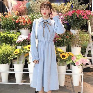 Corduroy Tie-neck Midi A-line Shirt Dress
