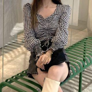 Plaid Drawstring Long-sleeve Top Plaid Shirt - One Size