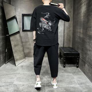 Set: Short-sleeve Dragon Embroidered T-shirt + Harem Pants