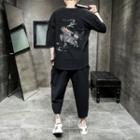 Set: Short-sleeve Dragon Embroidered T-shirt + Harem Pants