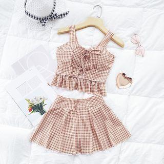 Set: Sleeveless Plaid Swim Top + Skirt