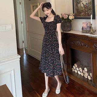 Floral Puff-sleeve Square-neck Midi A-line Dress