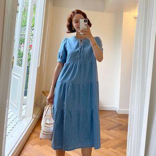 Tie-neck Tiered Long Denim Dress