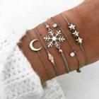 Set Of 5: Snowflake Moon & Star Alloy String Bracelet (assorted Designs) Silver - One Size