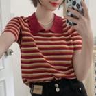 Short-sleeve Striped Polo Shirt Stripe - Red & White - One Size