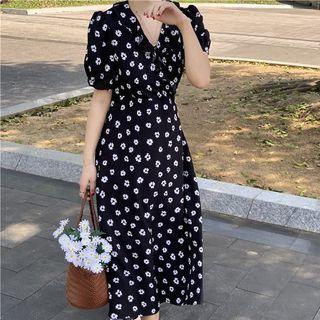 Flower Print Short-sleeve Midi A-line Dress Black - One Size