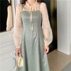 Long-sleeve Tie Neck Blouse / Spaghetti Strap Glitter Dress