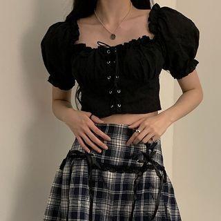 Puff Short-sleeve Lace-up Cropped Top / Lace-up Gingham Skirt