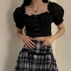 Puff Short-sleeve Lace-up Cropped Top / Lace-up Gingham Skirt