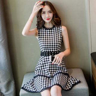 Sleeveless Plaid Lace Trim A-line Dress