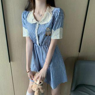 Eyelet Trim Plaid Short-sleeve Mini A-line Dress