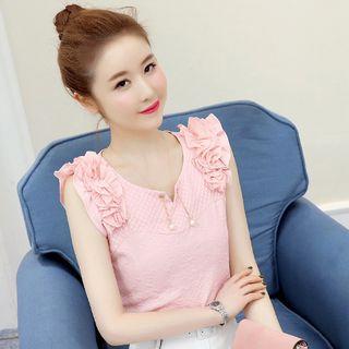 Frill Trim Faux Pearl Sleeveless Top