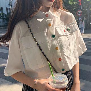 Color Panel Button Short-sleeve Shirt